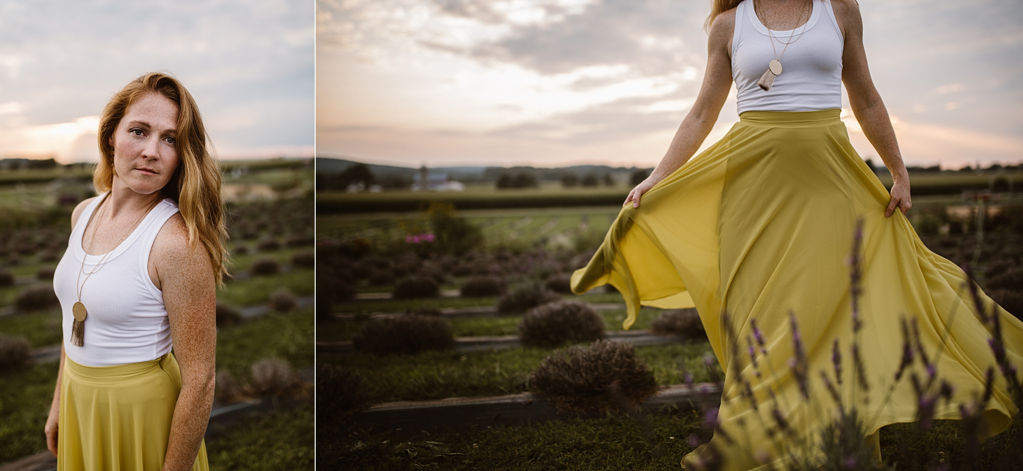 Red headed woman in yellow skirt at sunset in a lavender field.
